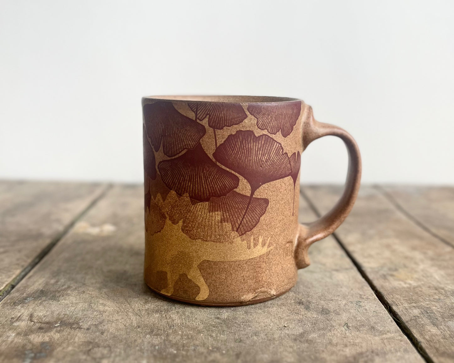 Gold Stegosaurus and Ginkgo Mug - Matte Brown
