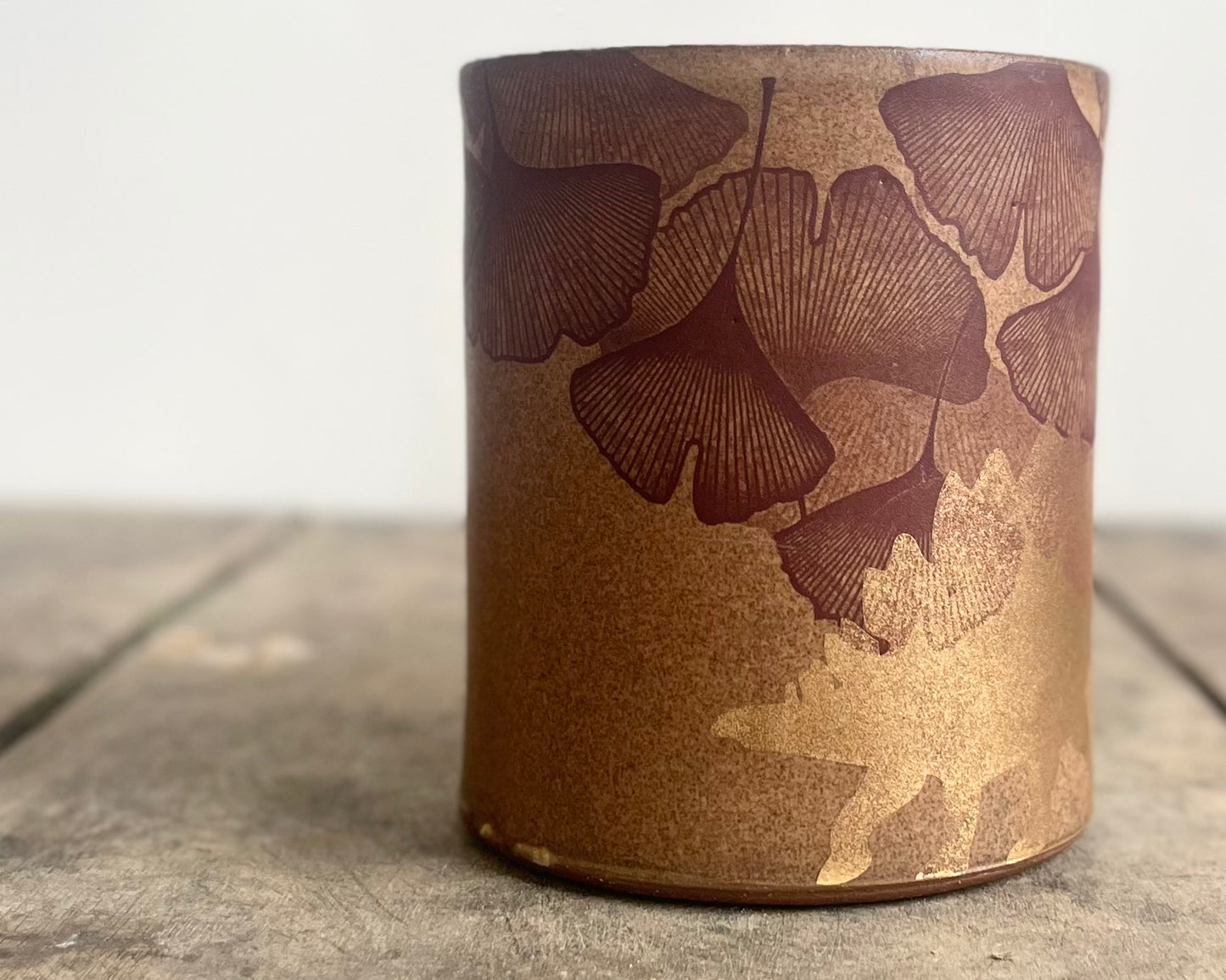 Gold Stegosaurus and Ginkgo Mug - Matte Brown