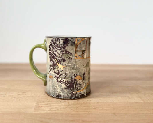 Mug with slip, gold decals and image transfer
