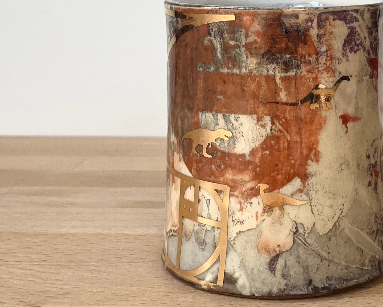 Mug with slip, gold decals and image transfer