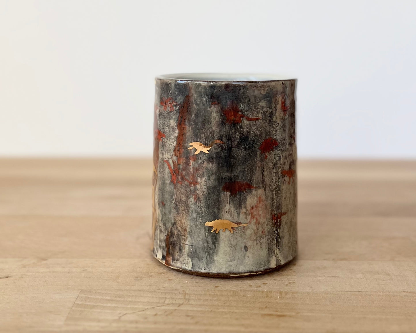 Mug with slip, gold decals and image transfer