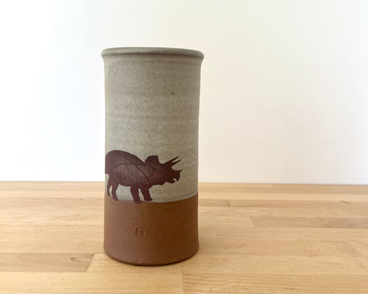 Cylindrical Vase with triceratops- warm grey matte