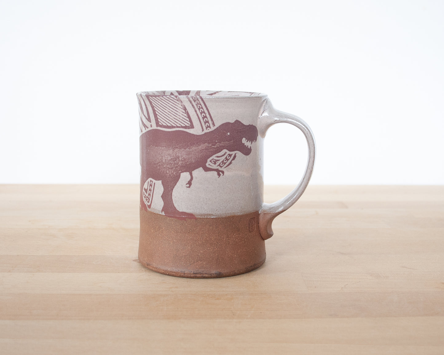 T-Rex Mug with background pattern - pale pink