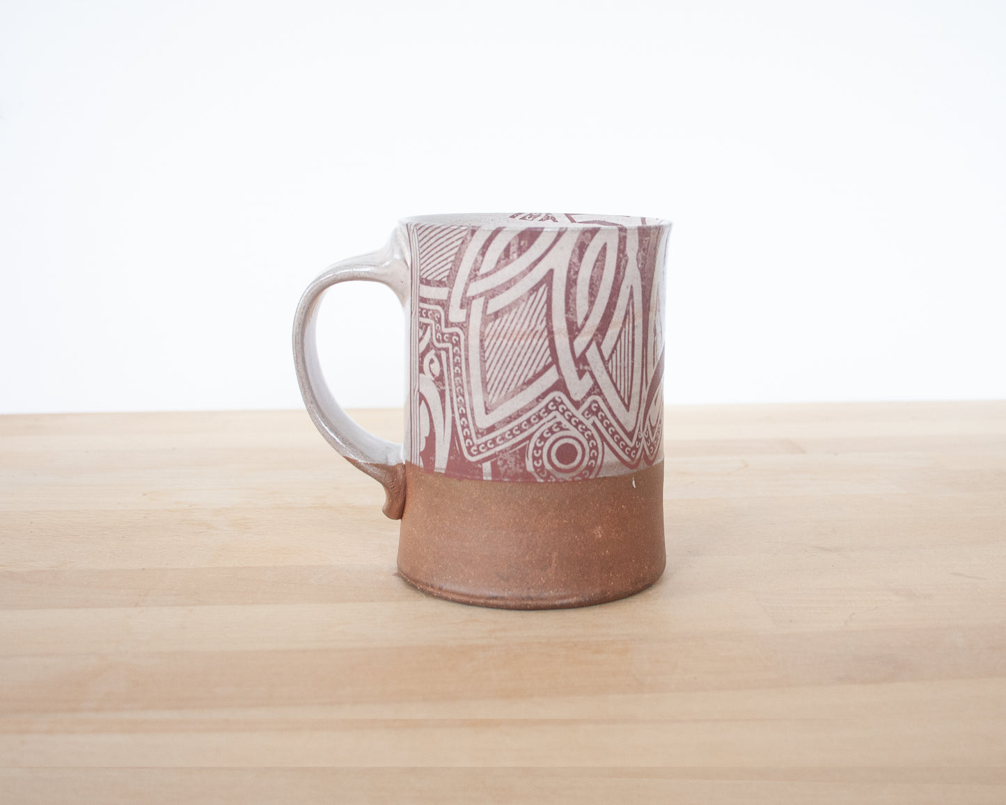 T-Rex Mug with background pattern - pale pink