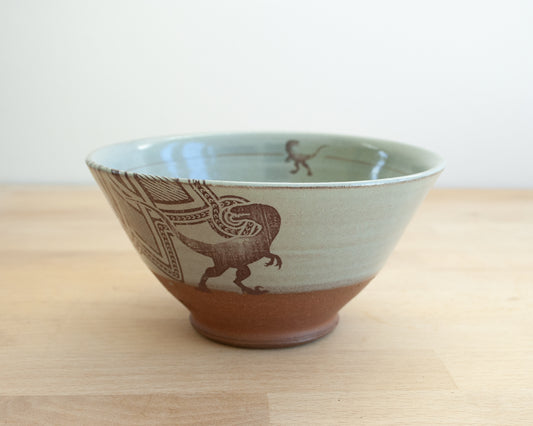 Velociraptor Bowl with background pattern- blue