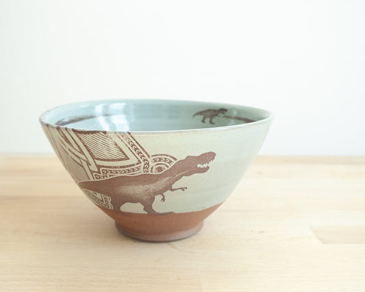 T-Rex Noodle Bowl with background pattern - blue