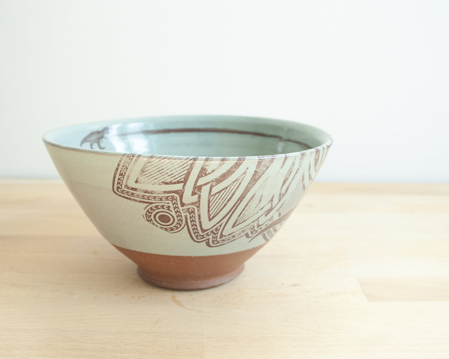 T-Rex Noodle Bowl with background pattern - blue
