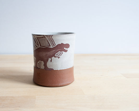 T-Rex Cup with background pattern - white